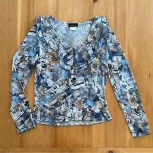 Y2K Mesh Ruffle Long Sleeve Top Floral Collage Print Made in USA
